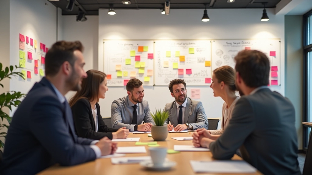 Group of professionals collaborating around whiteboard with design thinking sketches and sticky notes