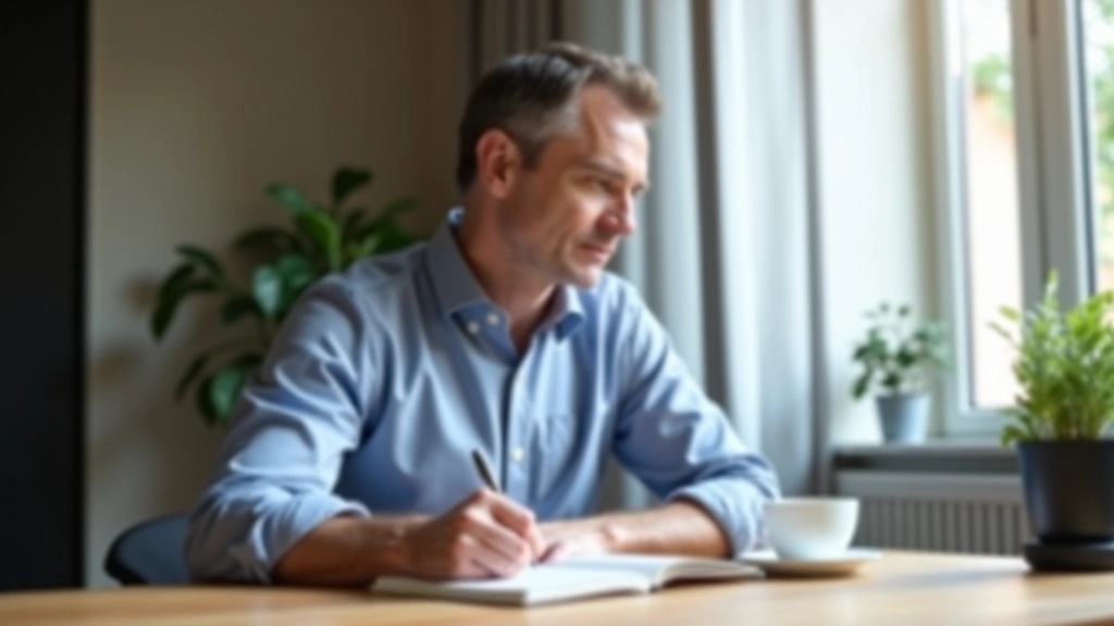 Man in business casual attire writing in notebook at wooden desk with coffee, contemplative expression