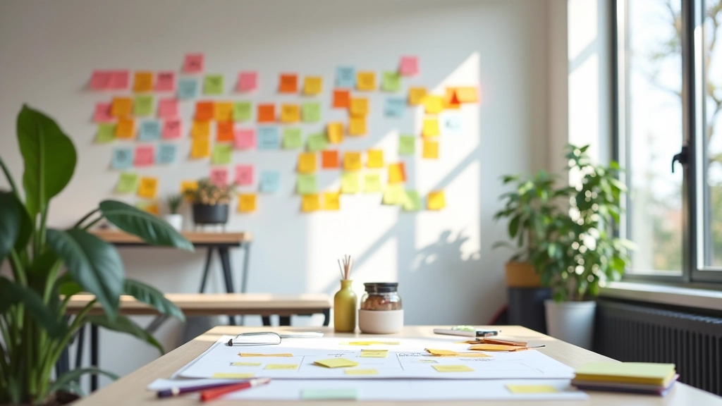 Modern coaching studio met creative workshop materialen en inspiratiebord aan de muur