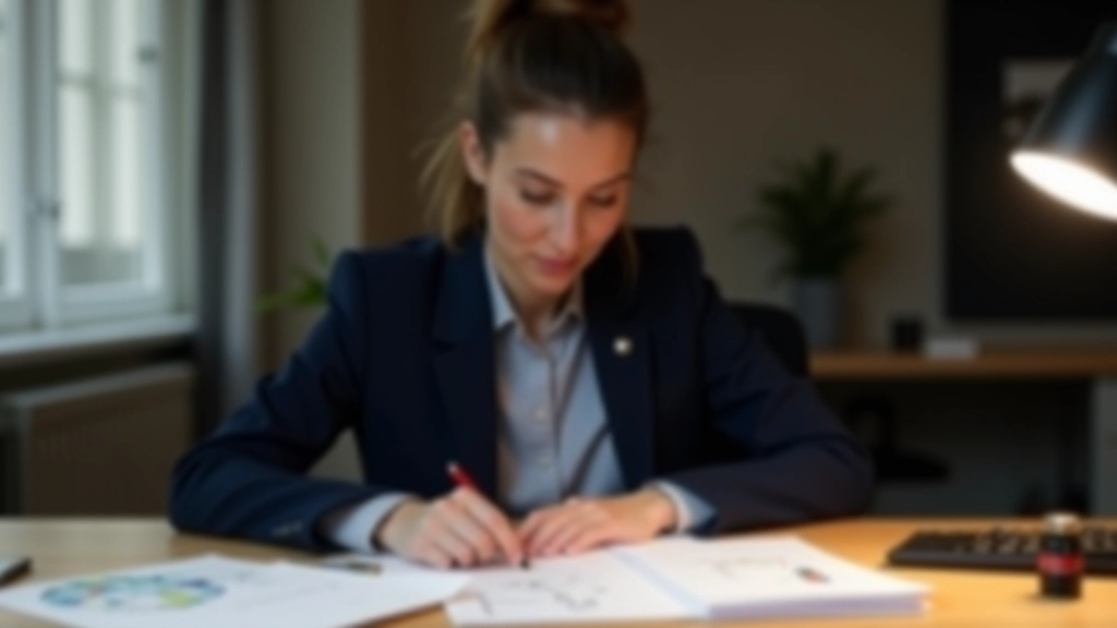Professional woman in blazer at modern desk, working on design thinking exercise with sketches and color palette visible