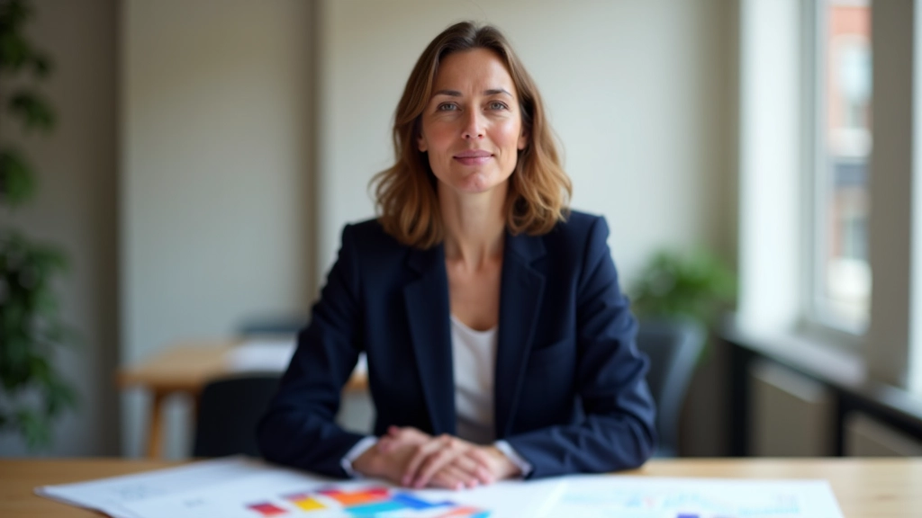 Professional woman in blazer working at modern desk with design materials and sketches